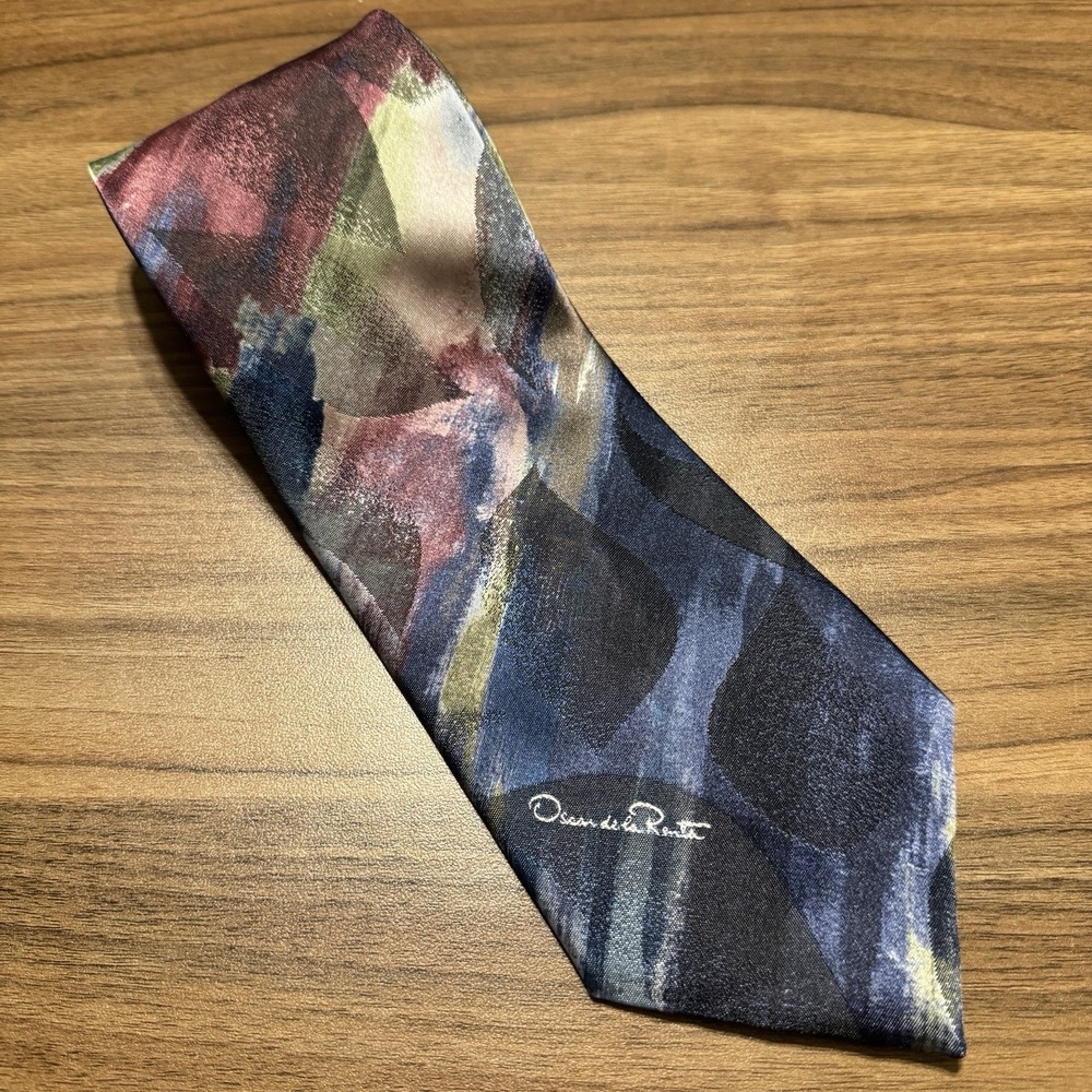 Oscar De La Renta Studio Abstract Watercolor Blue Tones with Red Tie Necktie 56"